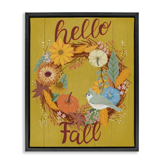 Stupell Industries Hello Fall Bird Wreath Animals Painting Black Floater Framed Canvas Art Print Wall Art, 17 x 21