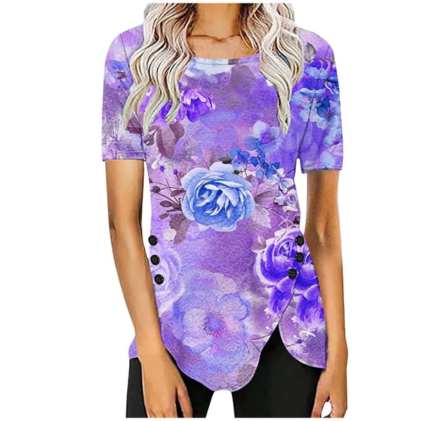 Blusas de Manga Corta para las Mujeres Botón Impreso Cuello Redondo Top Casual, Blusas para las Mujeres Casual