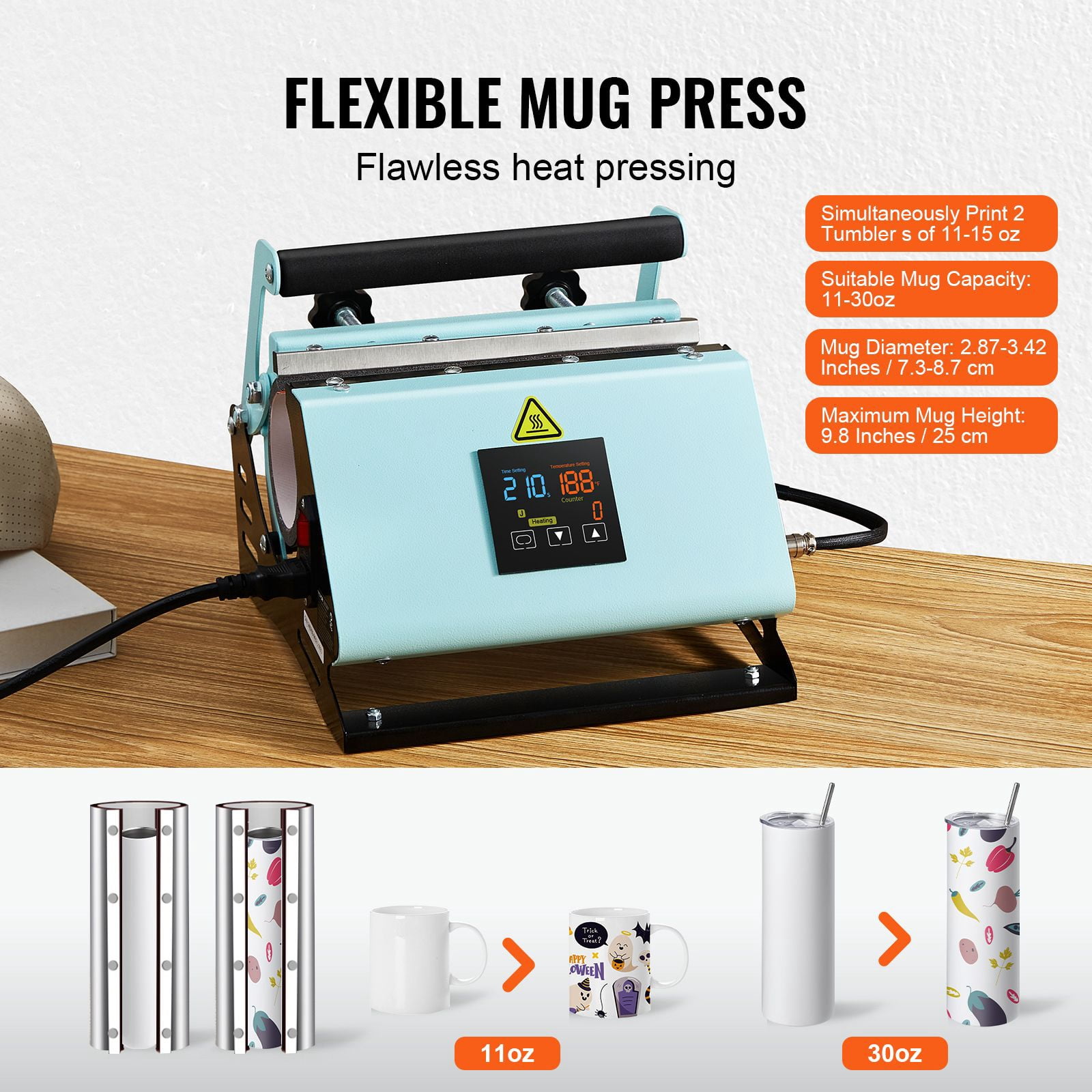 2-In-1 hat hot press and cup press, mini cap press for hats/hats, 11-30oz sublimation roller press, digital temperature and time control, green