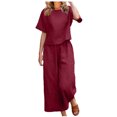 thumbnail image 1 of Cinvoph Ensemble Deux Pièces en Coton et Lin pour Femmes Col Rond Manches Courtes Haut Pantalon Grand Tenue de Maison Ensemble de Vacances d'Été, 1 of 6