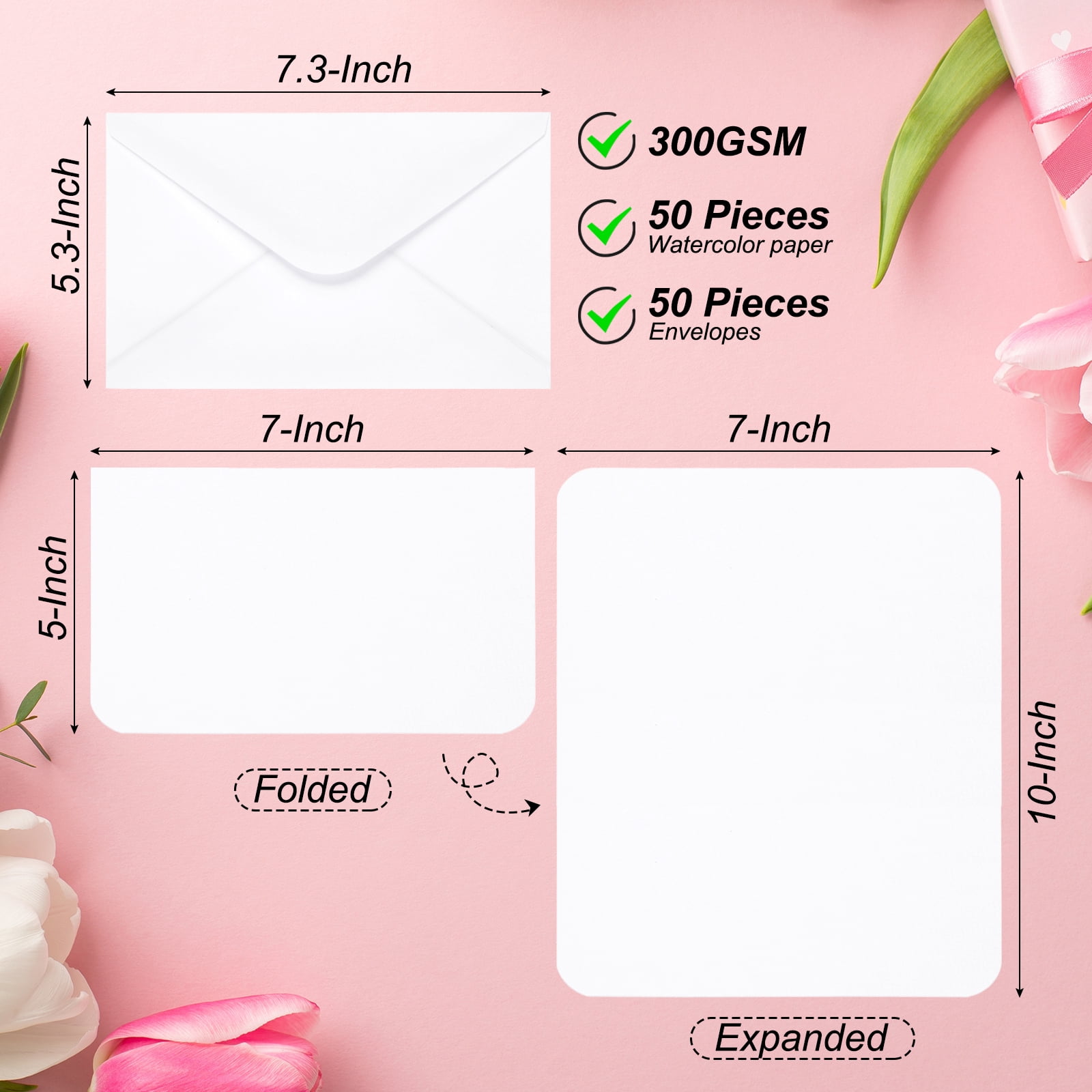 Uxcell 50 Sets Watercolor Cards Rounded Corners with Envelopes 5x7 Inch Foldable Size