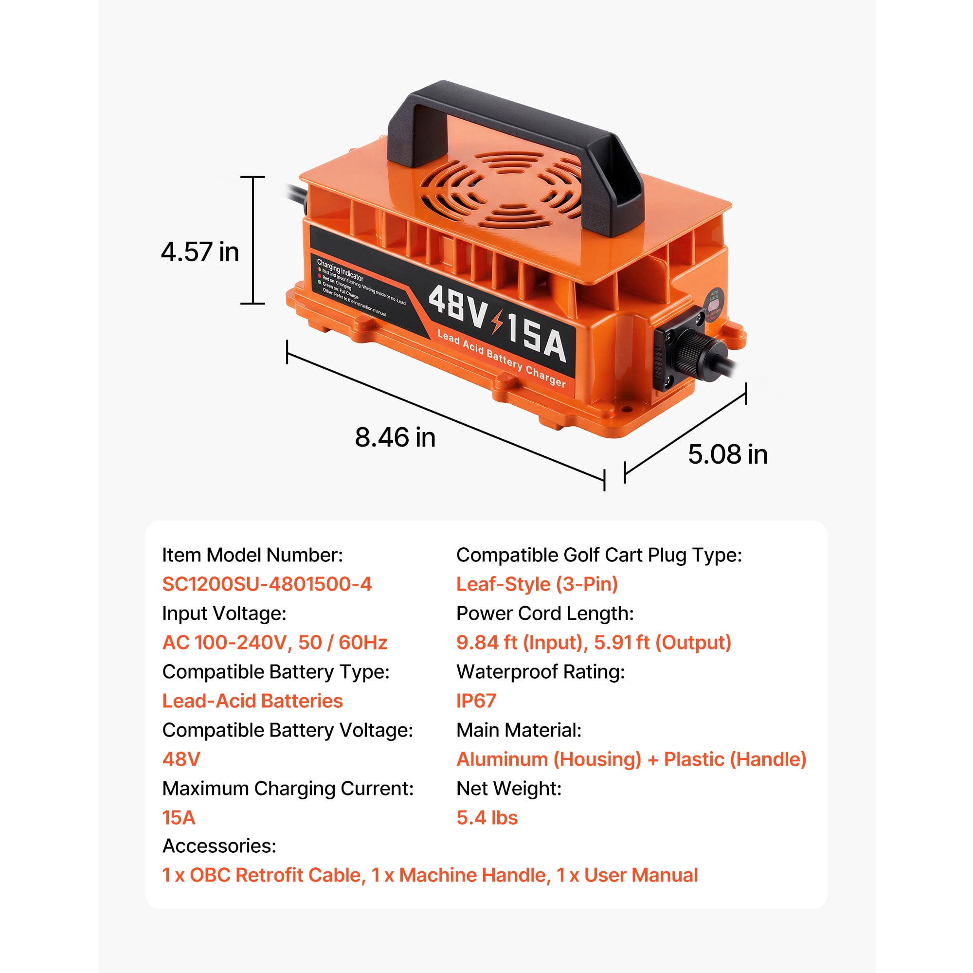 KFFKFF 48V 15A Golf Cart Battery Charger with 3-Pin Leaf Plug, Compatible with Yamaha G29 Drive, Designed for Lead Acid Batteries,LED Indicators, Cooling Fan, and IP67 Waterproof Rating