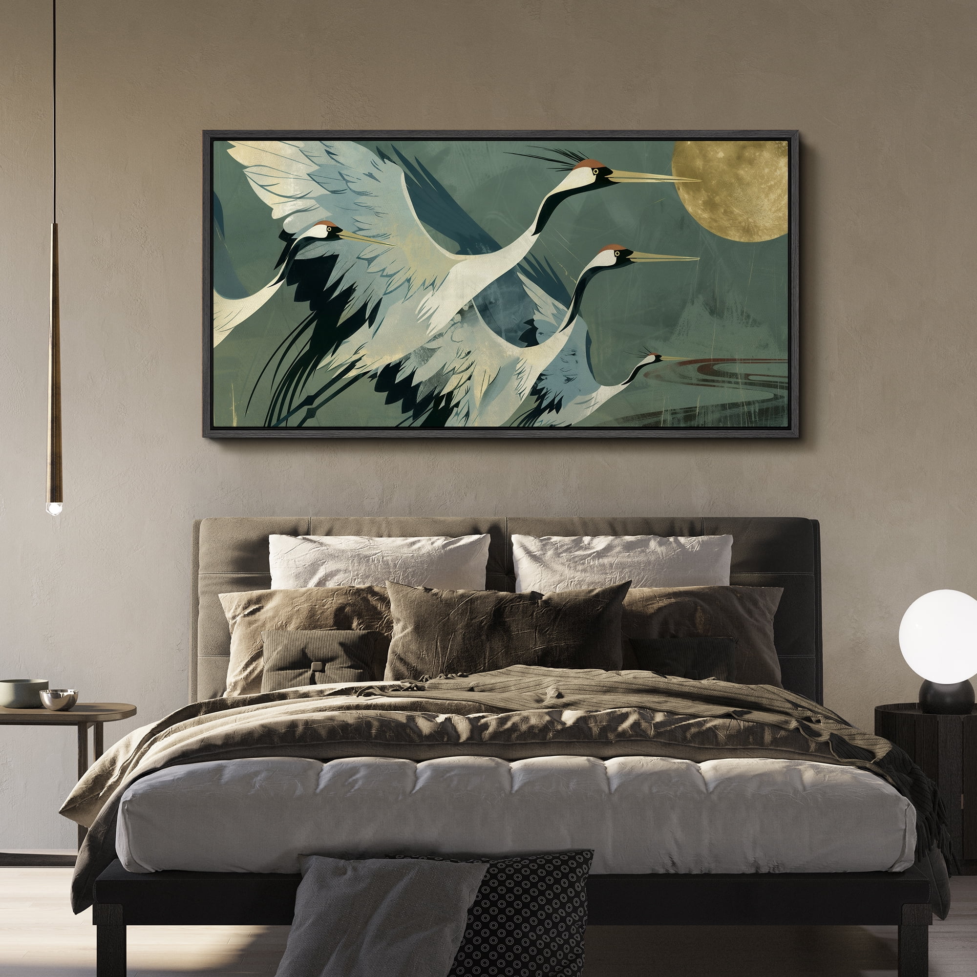 Large Framed Canvas Print Elegant Flying Cranes Under Full Moon - Japanese InspiredWall Art Decorative Ready to Hang Painting for Living room Bedroom 60x30 inches Black Frame