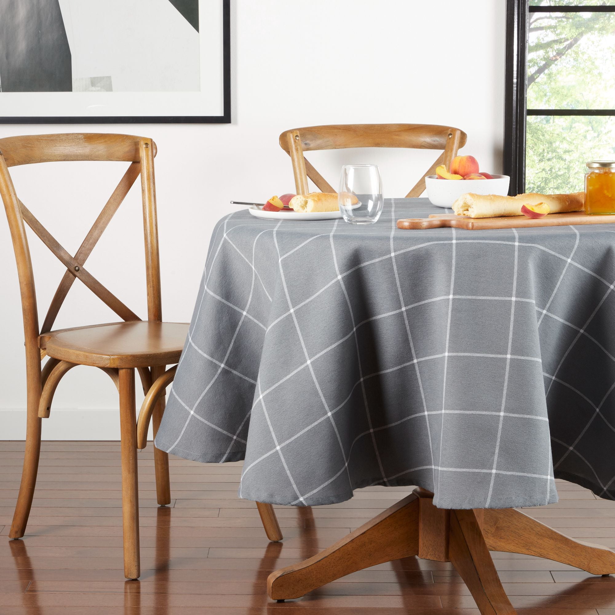 (2 pack) Mainstays Windowpane Round Tablecloth, Gray, 70 in