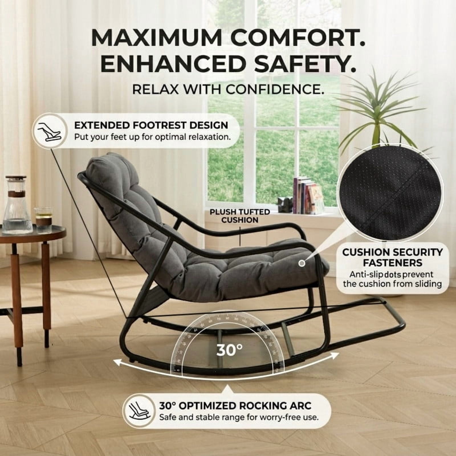 Howcool Patio Rocking Chair with Footrest & Cushion, Curved-Arm Glider Rocking Chair, Indoor Accent Chair