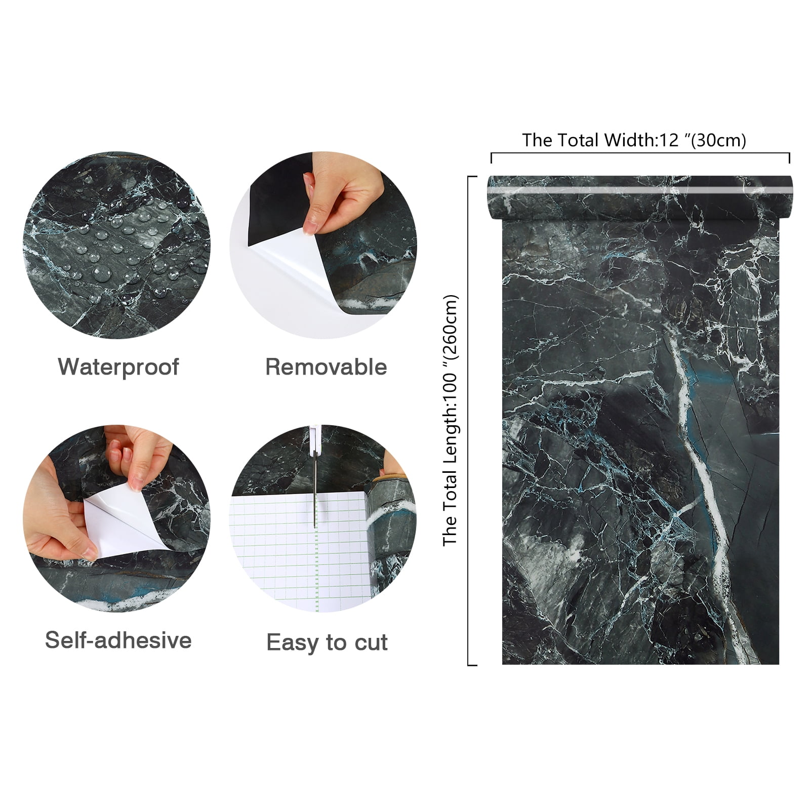 CHIHUT Marble Contact Paper for Countertops Waterproof Glossy Emerald Black Peel and Stick Wallpaper for Bathroom Self Adhesive Thick Roll for Kitchen Bedroom Cabinets Table Desk Cover 12"x100"