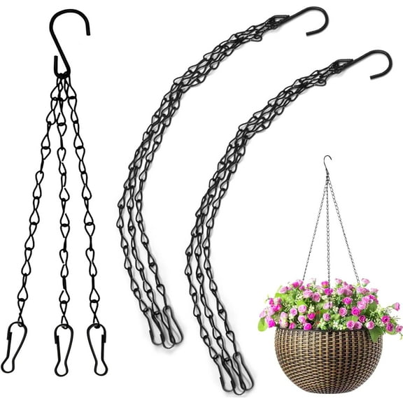 3pcs 16 Inch Hanging Basket Chains 3 Point, Black Chain with Hooks for Hanging Plants, Flower Pot