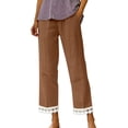thumbnail image 2 of PiGOGI Women's Solid Ruffle Elastic High Waist Cotton Linen Long Pants, Casual Loose Trousers with Pockets, Daily/Beach/Vacation Wide Leg Coffee XL, 2 of 5
