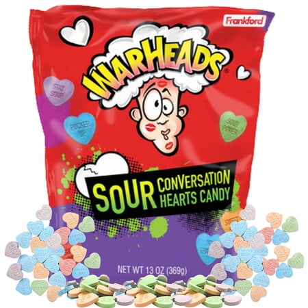 Warheads Sour Conversation Hearts Candy, Bulk Valentine's Day Hard Candies in Assorted Flavors for Decoration and Gift Giving, 13 Ounces