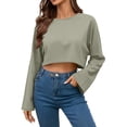 thumbnail image 5 of dazeni Womens Lightweight Crop Sweatshirts Summer Long Sleeve Cropped Pullover Solid Crewneck Atheletic Running Tops Mint Green Small, 5 of 8