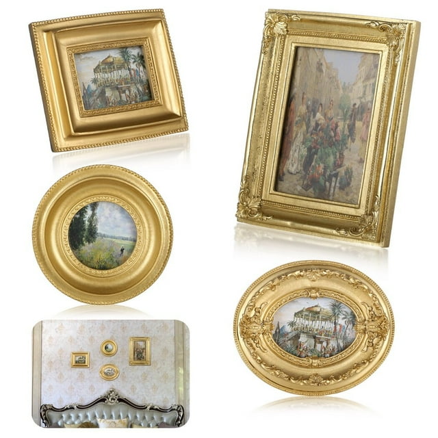 4 Pcs Vintage Picture Frames, Golden Embossed Antique Picture Frames, Baroque Mini Photo Frames, Collage Wall Mount & Tabletop Photo Display for Gallery Home Decor