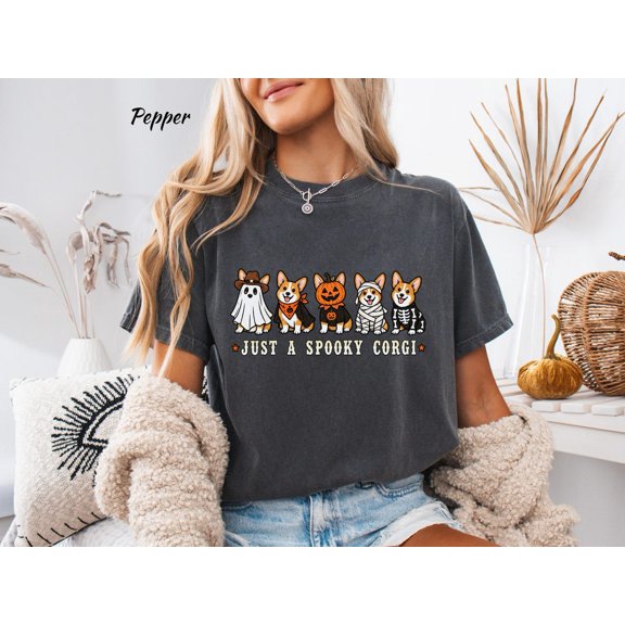 Yoofine Adult Just a Spooky Corgi Halloween Dog Garment-Dyed T-Shirt