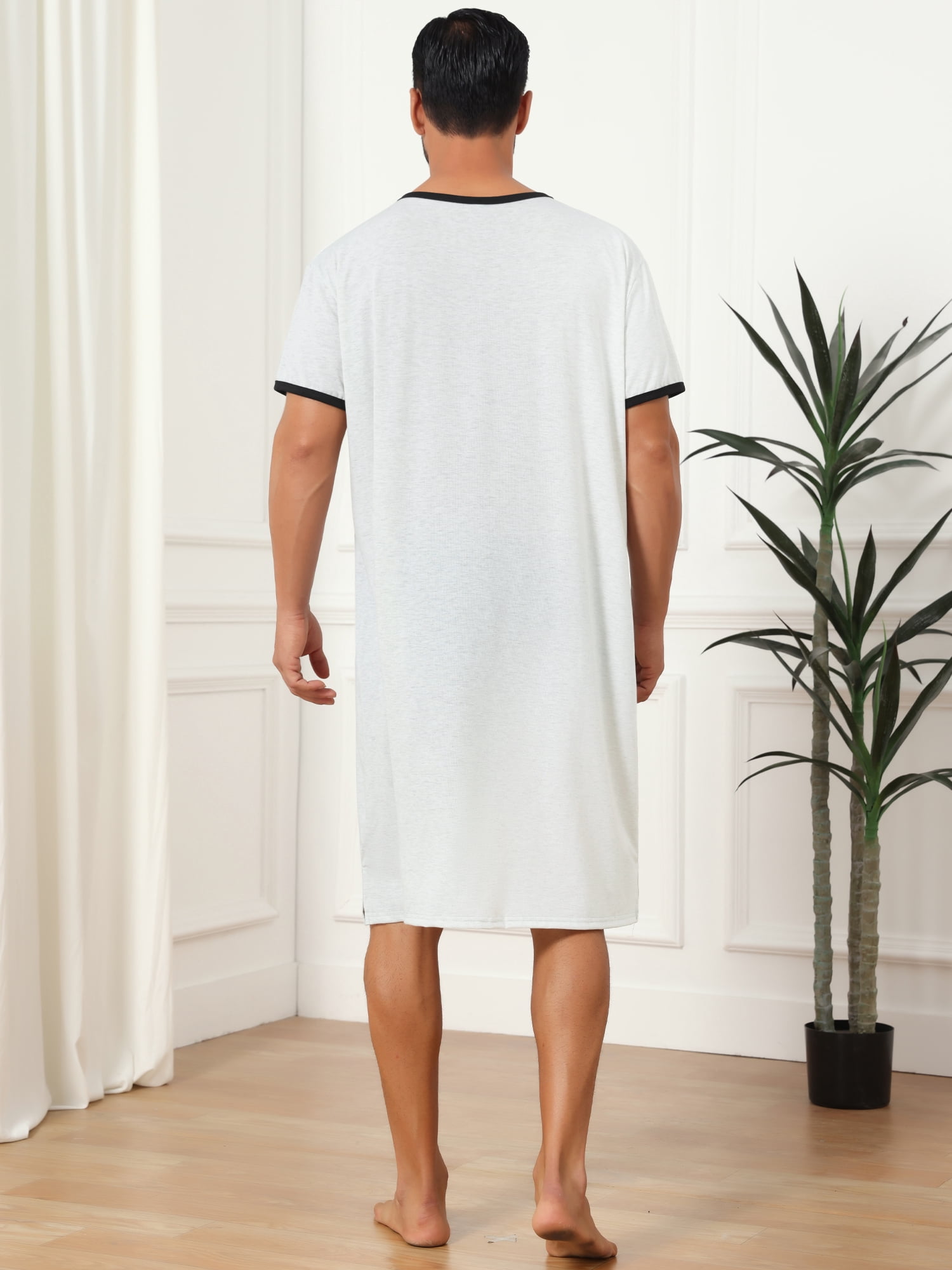 DARING DIVA Men's V-Neck Colorblock Trim Short Sleeve Chest Pocket Pajama L Light Gray