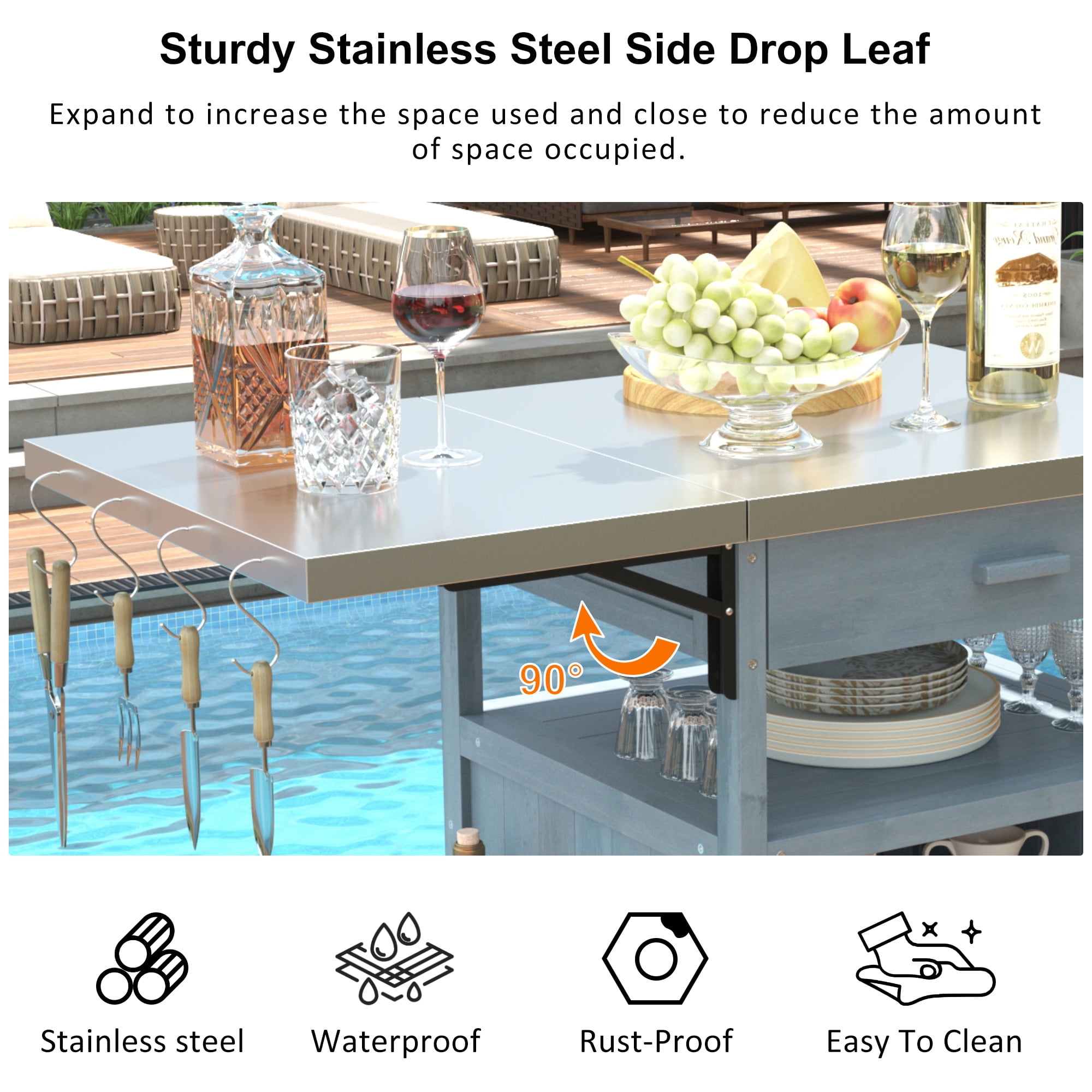 40.5" Outdoor Grill Cart with Stainless Steel Top, Solid Wood Outdoor Storage Cabinet with Drop Leaf, One Drawer, Towel Rack, Rolling Kitchen Cart with Lockable Wheels for Lawn Garden, Blue Grey