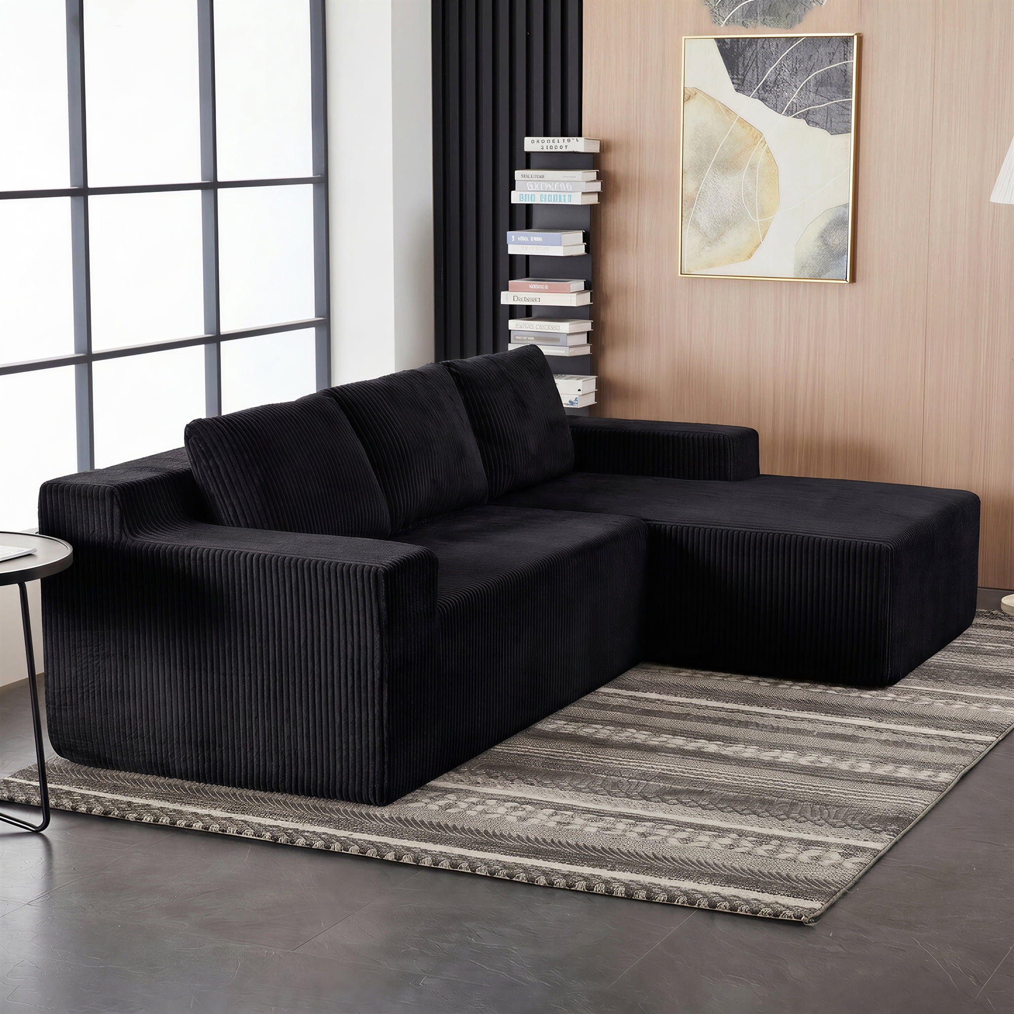 Foam-Filled Compressed Boneless 3-Seat Sectional Sofa with Chaise, Corduroy Modular Upholstered L-Shaped Couch Set