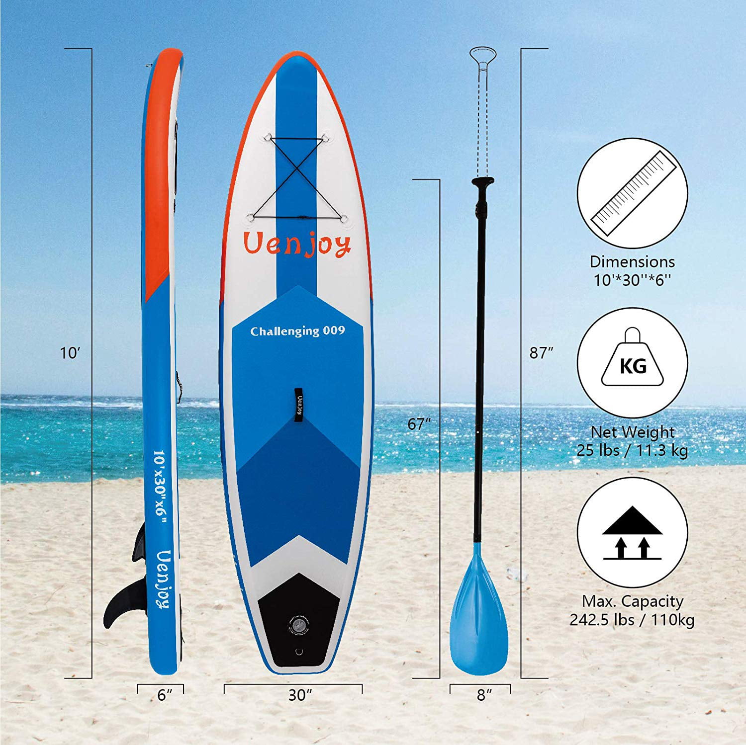 Perfect for Yoga Fishing Touring Uenjoy Inflatable Sup 10/1130x6/4 All Around Paddle Board W/Full Accessories 