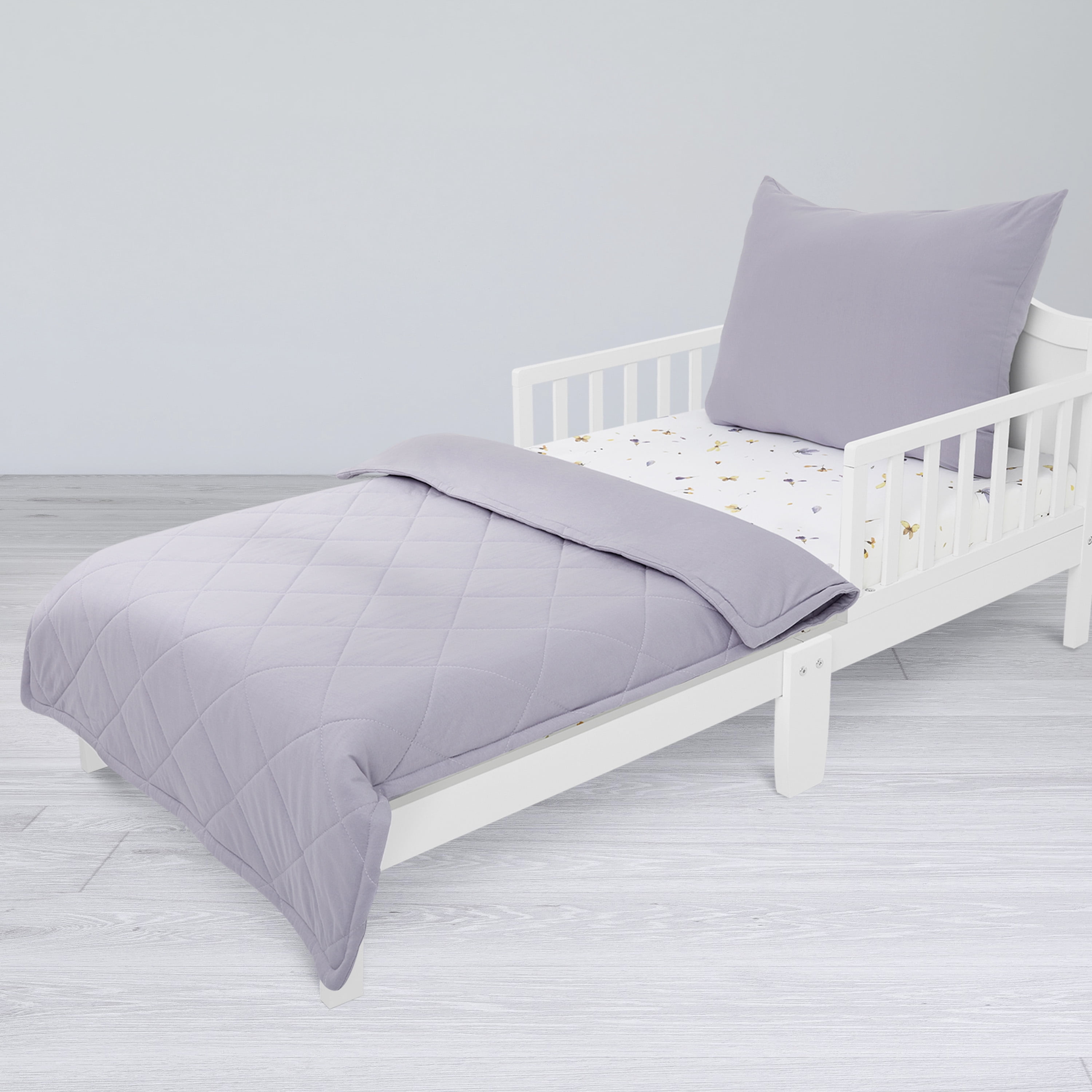 Evolur Be Wild Collection 3pc Toddler Bed Set (Fitted Sheet, Comforter, Pillow Case) in Dusty Purple & Flower Print