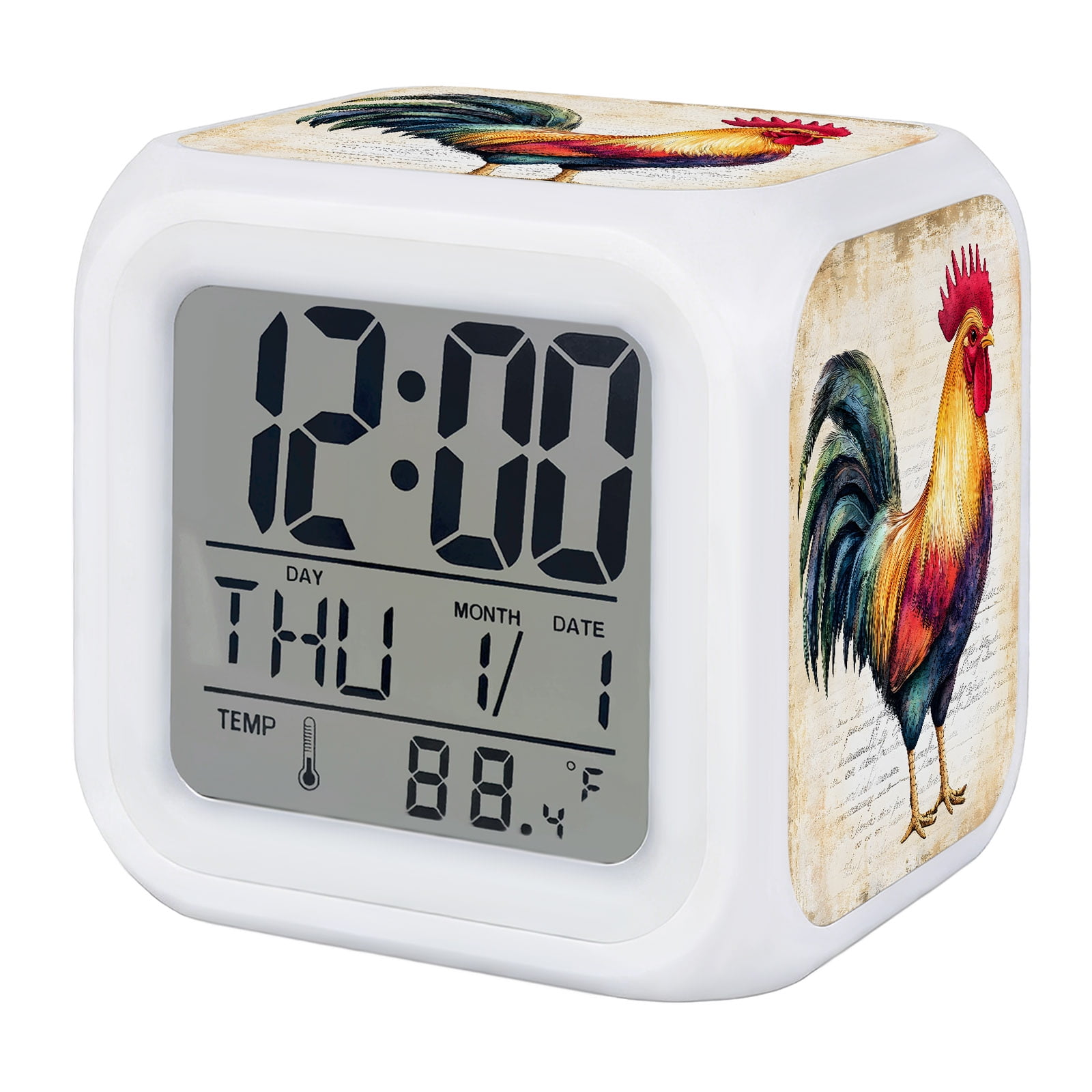 Rooster Alarm Clock, Retro Chicken Farm Rustic Country Digital Clock Night Light with 7 Color photo Rooster Alarm Clock, Retro Chicken Farm Rustic Country Digital Clock Night Light with 7 Color