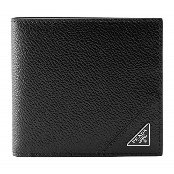 Prada Mens Black Vitello Micro Grain Leather Bifold Wallet Triangle Logo 8 Card Slots Made in Italy New