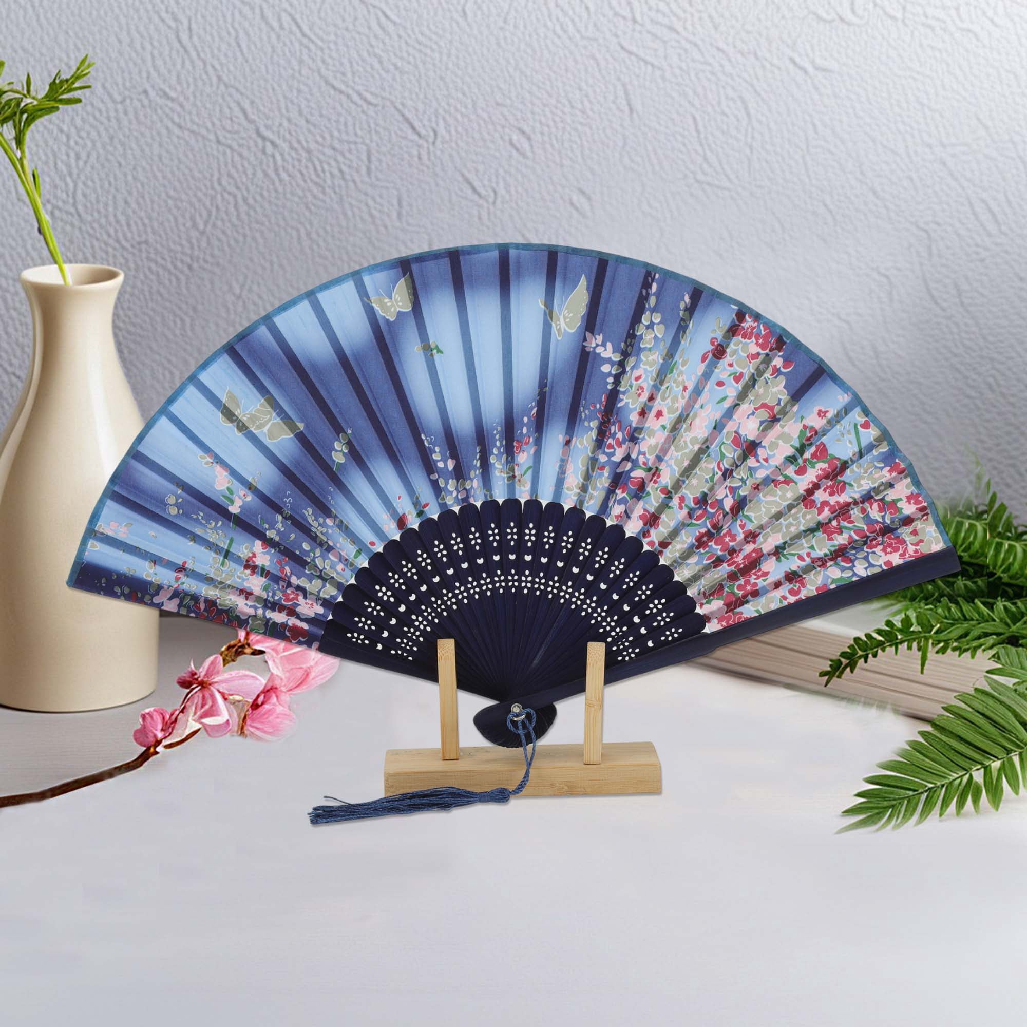 Unique Bargains Ancient Style Folding Fan 1Pc Blue [Tapestry of Exquisite Floral Print]