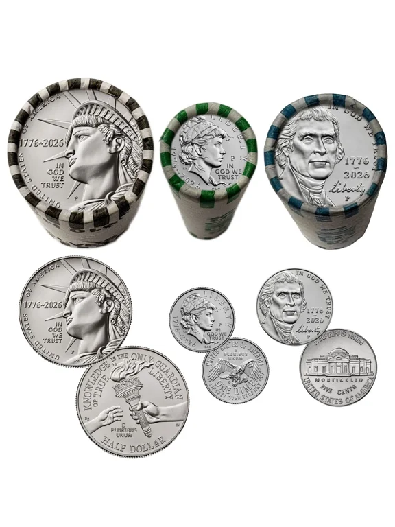 Collectible 2026-P Enduring Half Dollar + Emerging Dime + Jefferson Nickel Official Liberty Set of 3 Coin Rolls BU, America's 250th Anniversary
