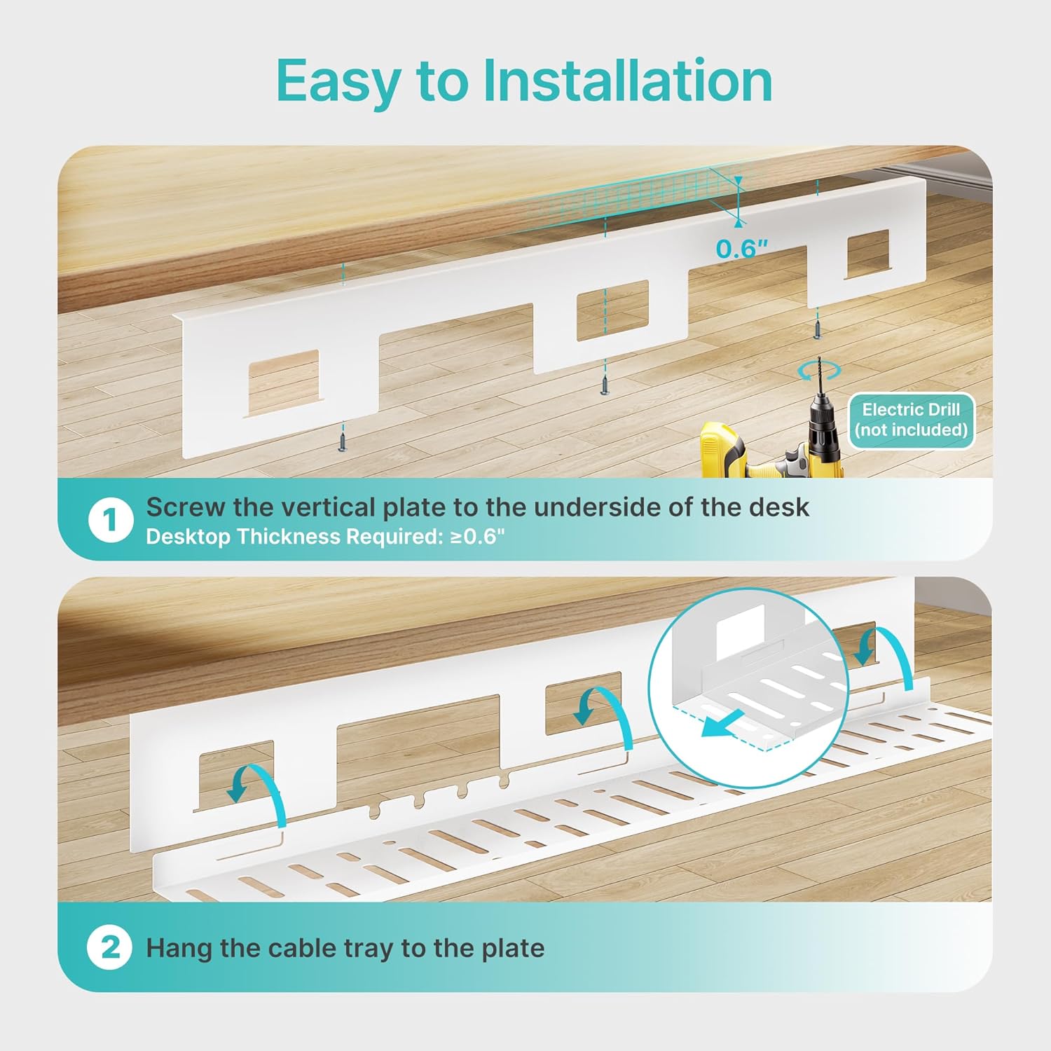 Under Desk Cable Management Tray, 31.5" Metal Cord Organizer Rack for Power Strips, Wires & Chargers, Easy Mounting Desk Tray for Home Office, White