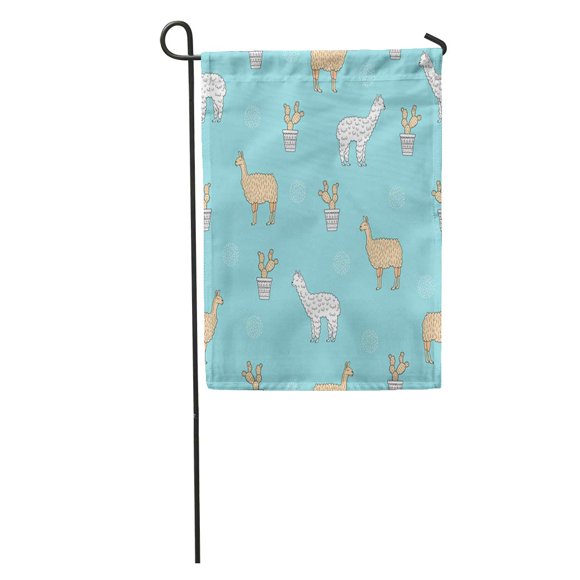 POGLIP Blue Pattern Cute Alpaca South America Lama and Cactus Drawing Garden Flag Decorative Flag House Banner 28x40 inch