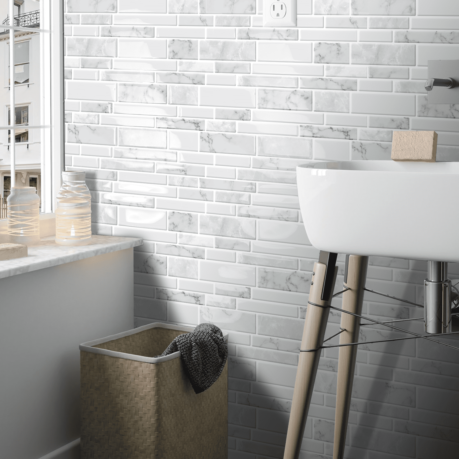 DEWOO 10 Sheets Peel and Stick Tile Backsplash, Stick on Wall Tiles, Self Adhesive Tile Sticker for Kitchen Backsplash and Bathroom(12"x12",White Marble)