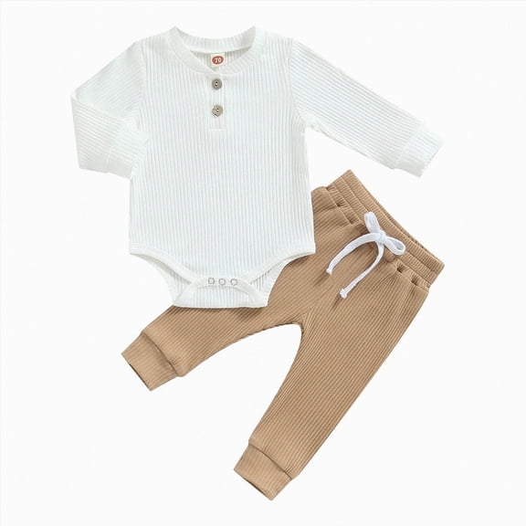 WUANDIXFA Unisex Baby Boy Girl Bodysuits and Pants Sets 3 6 12 18 24 Months Newborn Clothing Infant Birthday Outfit,Khaki,3-6 Months