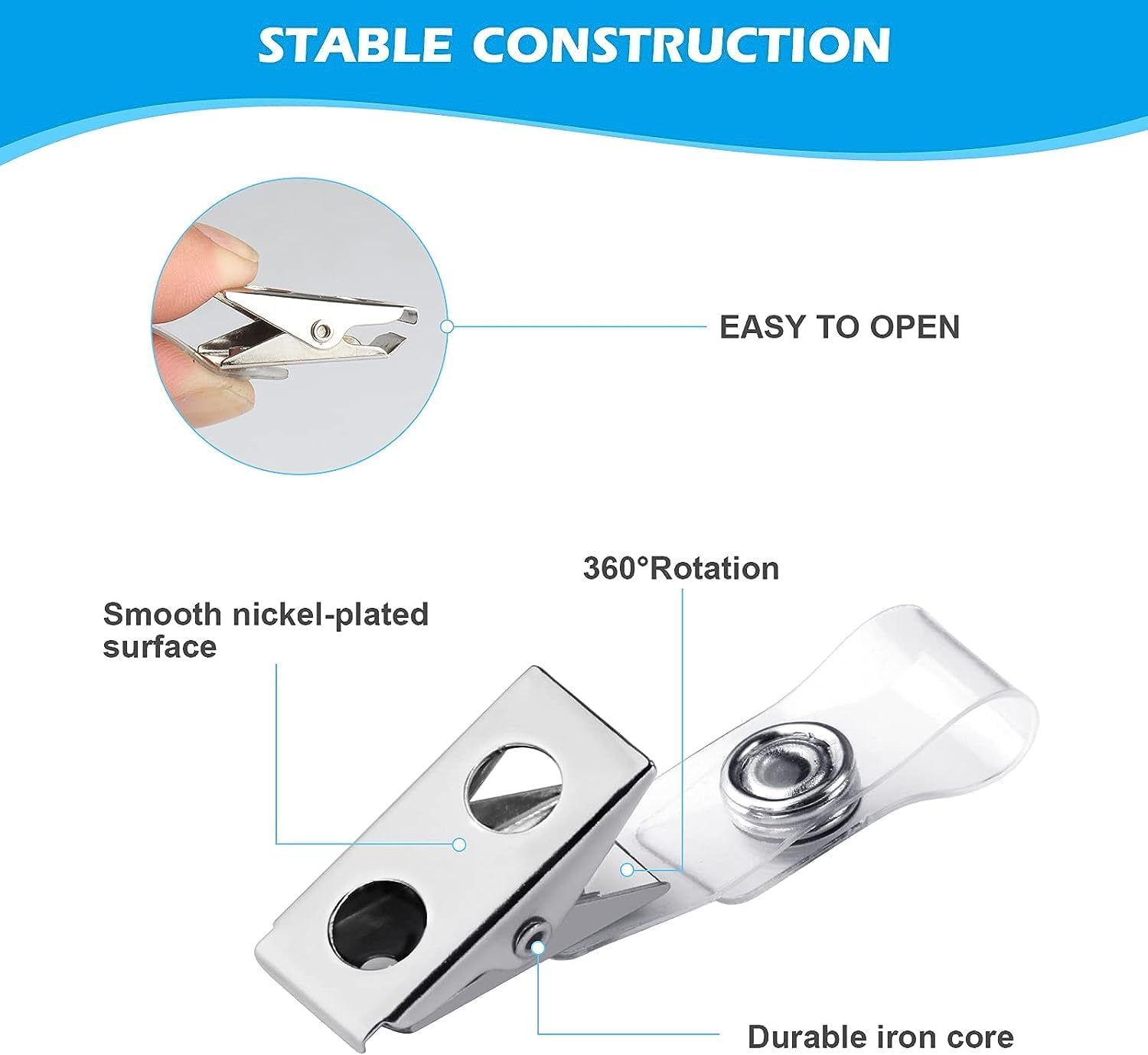 300Pcs Metal Badge Clips with Clear PVC Straps, Premium Double Hole Metal Badge Clips for ID Cards, Badge Holders, Name Tags Work Badges