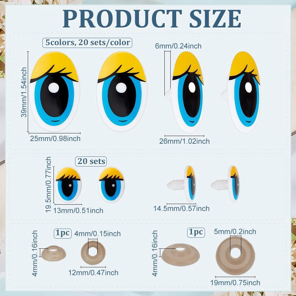 PH 120 Sets Craft Eyes Cute Safety Eyes 6 Sizes Oval Eyes Felt Eyes Kawaii Eyes Cartoon Eyes with Washers Vivid Animal Eyes for Amigurumi Puppet Teddy Bear Crochet Plush Animal Making Colorful