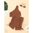 thumbnail image 3 of goowrom Toddler Kid Girl Casual Outfits Sets, Solid Color Oblique Shoulder Crop Tops with Elastic Waist Side Ruched Drawstring Shorts, 3 of 9