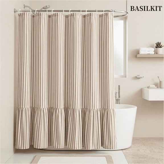 BASILKIT Shower Curtain, Brown Stripe Farmhouse Style, Ruffle Hem, Waterproof Fabric with 12 Hooks, 72" x 72"