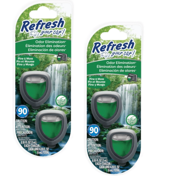 Refresh Car Air Freshener Vent Clip and Mini Car Oil Diffuser, Long-Lasting Odor Eliminator for Up to 90 days, 2 Count, Pine & Moss, 2 Packs