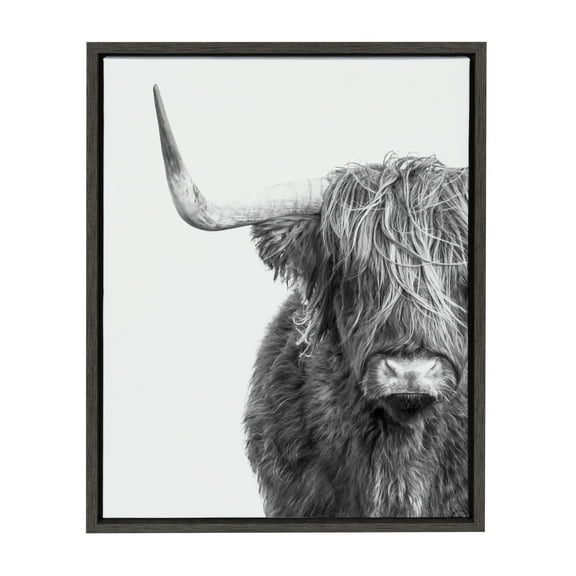 Kate and Laurel Sylvie Highland Cow Black and White Portrait Dark Gray Framed Canvas by Amy Peterson, 18x24 Gray, Adorable Wall Decor for Living Room, Nursery