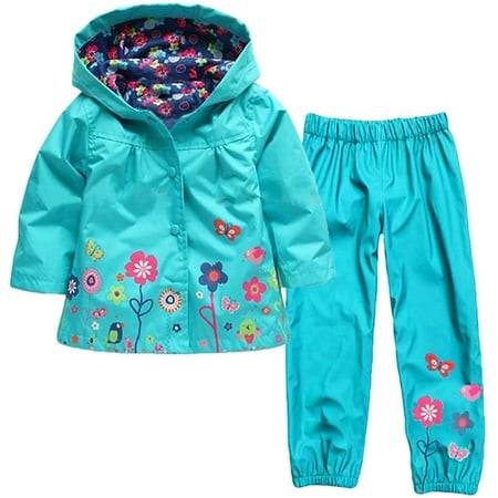 

Kids LYXSSBYX Two Piece Sets Clothing Toddler Baby Girls Long Sleeve Floral Coat Rainproof Hooded Jacket Trousers Suit