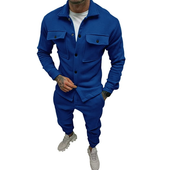 BXINGOHAI Men's 2 Piece Outfits Sets Fall Wintert Corduroy Long Sleeve Tracksuits Button Down Lapel Collar Outfit Casual Solid Color Set Blue,XXL