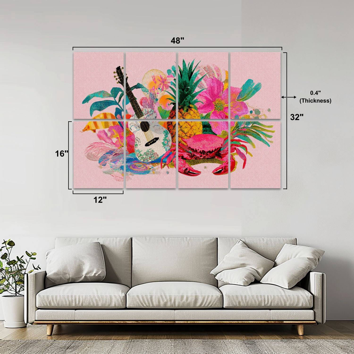 8 Pack Art Acoustic Panels Sound Absorbing Vacation Tropical Country Rustic Decor Figures Guitar Pineapple Crab Decorative Soundproof Wall Panels Self Adhesive for Nursery Game Room Bedroom 48"x32"