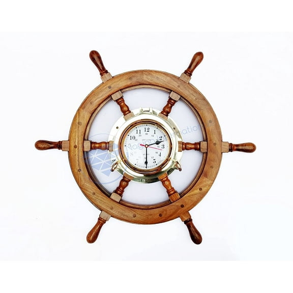 Nagina International 26" Nautical Premium Wide Brass Porthole Ship Wheel Clock | Wall Hanging | Numerals | Vintage Gift