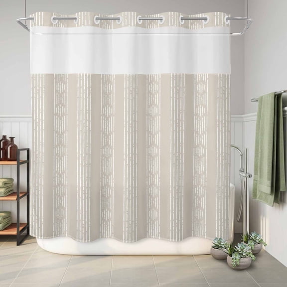 No Hook Shower Curtain Beige Boho Waterproof Fabric Shower Curtain Bohemian Style Stripes Hotel Style Bathroom Curtain with See Through Top Window Machine Washable 72x78in