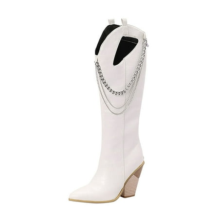 GHSOHS Cowboy Boots for Women Mid Calf Boots Leather Shoes for Women Black Boots Western Knee High Boots Calf Stacked Heel Point Toe Boots Rain Boots Dress Shoes Western Cowgirl Boots Size 39