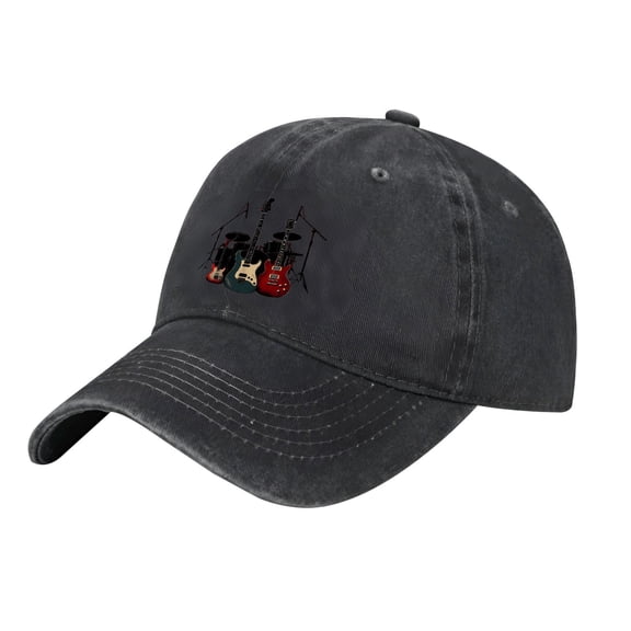 Adjustable Vintage Cotton Washed Distressed Baseball Cap - Colorful Drum Set Guitar Design - Golf Dad Hat for Men & Women
