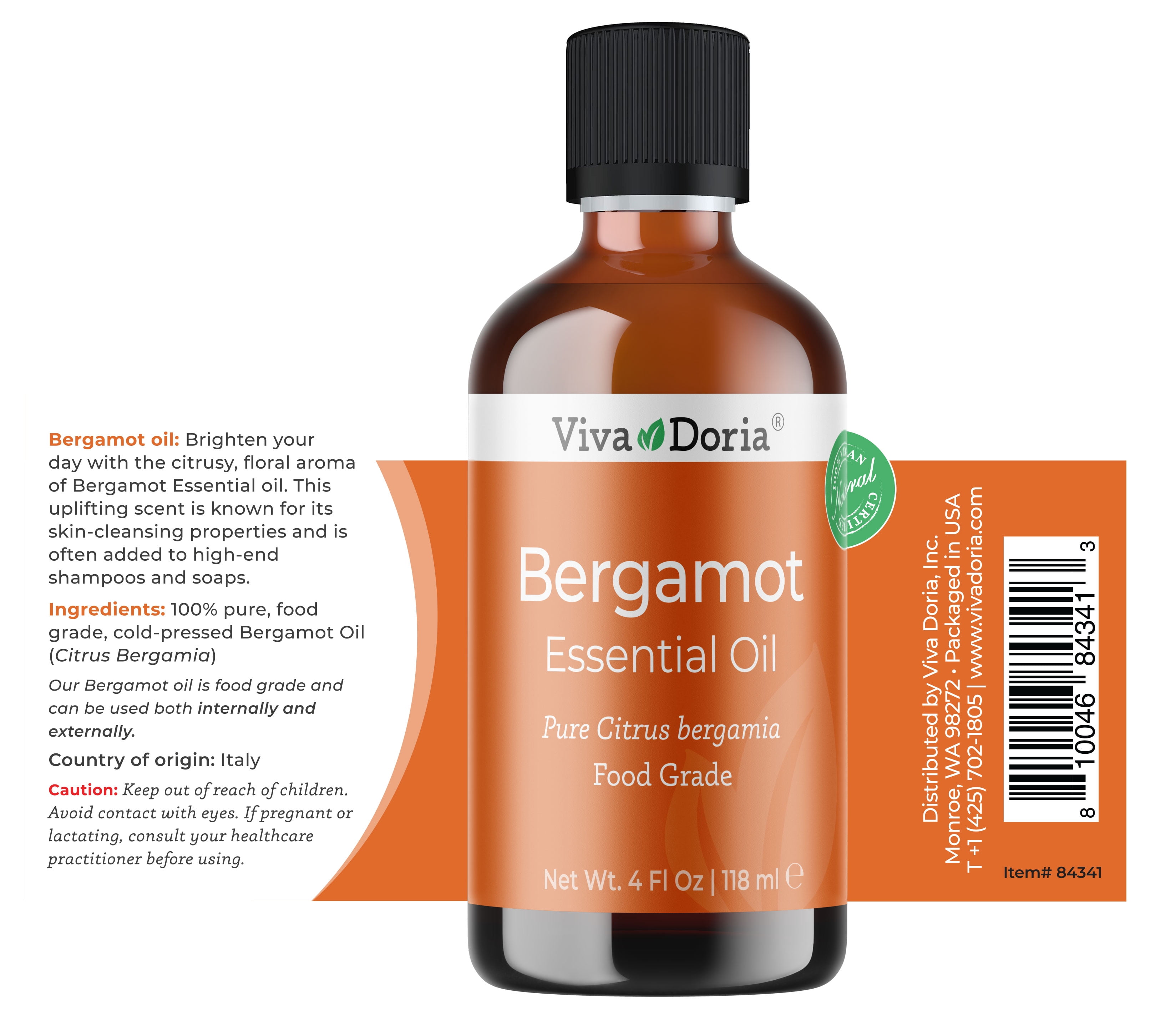 Viva Doria Italian Bergamot Essential Oil, Food Grade, 4 fl oz (118 ml) - 100% Pure, Natural Citrus Oil for Aromatherapy