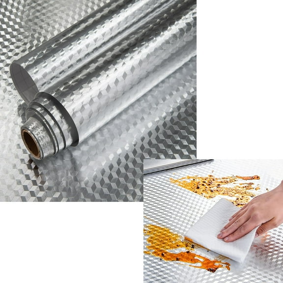 Artrylin Oil Proof Sticker Self Adhesive Wallpaper Aluminum Silver Foil 40cm X 5m Heat Resistant Peel and Waterproof Sticky Back Plastic Roll for Kitchen Drawer Liners Shelf Liner Cupboard Backsplash