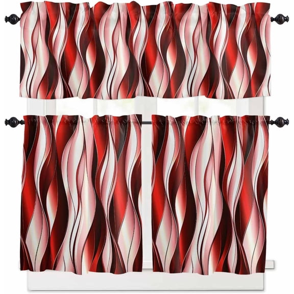 Green Striped Ombre Kitchen Curtains, Modern Green Moire Geometric 3-Piece Kitchen Curtain Valance and Tiers Set 36 Inch Length, Rod Pocket Half Window Curtains for Cafe Living Room Bathroom