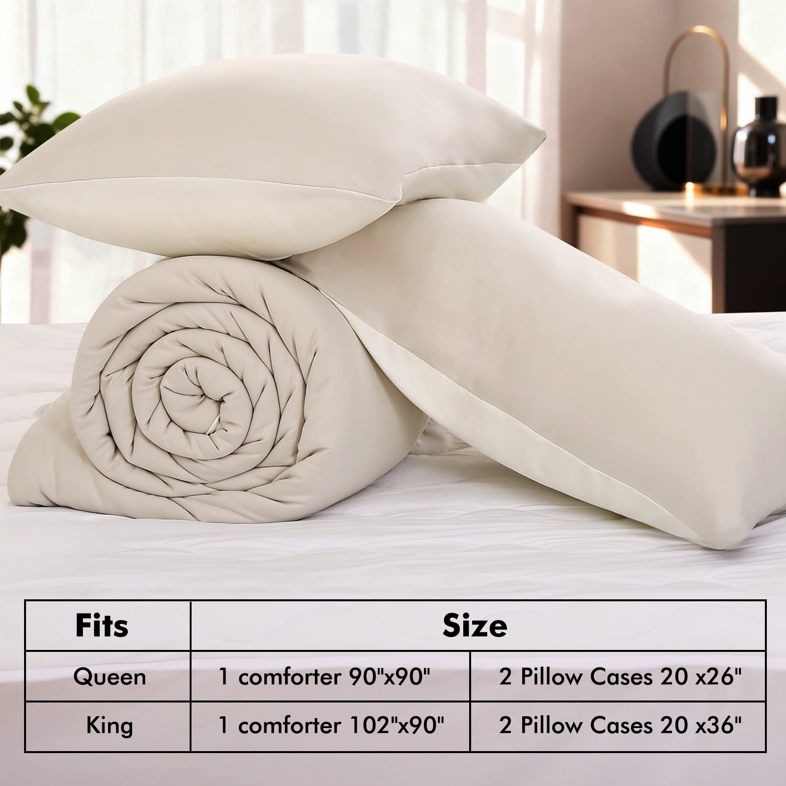 Aship King Comforter Set, 3Pcs Cozycash PCM Bedding Set with Temperature Regulating for All Season, Reversible Skin-friendly Bedding, 1Comforter & 2 Pillowcases Beige