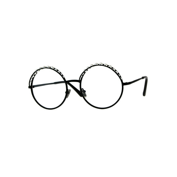 Womens Pearl Jewel Brow Trim Round Circle Clear Lens Metal Rim Eyeglasses Solid Black