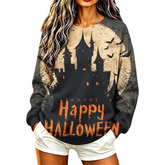 Halloween Women Casual Long Sleeve Sweatshirts Fashion Halloween Graphic Printed Winter Sweaters Loose Crewneck Pullover Blouses Ladies Halloween Costumes