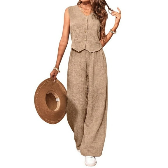 Women'S 2 Piece Outfits Linen Vest Waistcoat Dressy Casual Sets Wide Leg Pants Suits Khaki XL