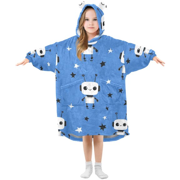 Cute Robots with Stars Flannel Wearable Blankets Hooded Design Long Sleeves Wrap Unisex for 3T-14Y S